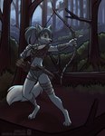 anthro arm_wraps arrow_(weapon) biped black_nose bow_(weapon) claws clothed clothing crop_top digitigrade eyebrows female fluffy fluffy_tail forest grey_hair hair holding_bow_(weapon) holding_object holding_ranged_weapon holding_weapon inner_ear_fluff knife leg_wrap midriff navel night outside plant ponytail quiver_(object) ranged_weapon shirt shrub solo tail toe_claws topwear tree tuft weapon white_body wraps lichfang arctic_fox canid canine fox mammal true_fox 2024 hi_res