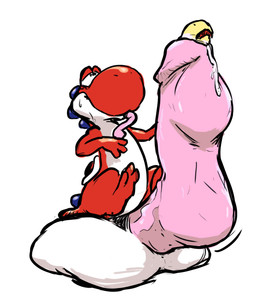 big_penis cock_vore genitals group huge_penis hyper hyper_genitalia hyper_penis male penile penis red_body simple_background trio vore white_background saphiros mario_bros nintendo koopa red_yoshi scalie yoshi 2014