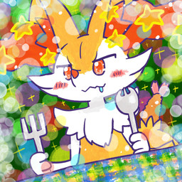 ambiguous_anthro ambiguous_gender anthro biped bodily_fluids closed_smile cutlery drooling dutch_angle food fork front_view holding_fork holding_spork kitchen_utensils mouth_closed object_in_tail saliva shrimp_(food) sitting smile snout solo sparkles spork star tail tools annyui0611 nintendo pokemon braixen canid generation_6_pokemon mammal pokemon_(species) 1:1 2023 digital_drawing_(artwork) digital_media_(artwork) half-length_portrait hi_res japanese_description portrait translated_description