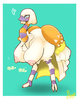 areola big_breasts biped blue_eyes blue_sclera blush bodily_fluids border breasts busty_feral chest_tuft claws feathers feet female female_feral feral fur fur_tuft glistening glistening_eyes hair heart_symbol huge_breasts long_neck looking_at_viewer multicolored_body nipples non-mammal_breasts non-mammal_nipples open_mouth open_smile orange_body pink_areola pink_nipples pupils purple_body simple_background smile smiling_at_viewer solo standing sweat sweatdrop teal_background text toe_claws tuft white_body white_border white_breasts white_fur white_hair white_pupils bayonet_(artist) nintendo pokemon espathra generation_9_pokemon pokemon_(species) 2025 4:5 absurd_res digital_media_(artwork) full-length_portrait hi_res japanese_text portrait signature