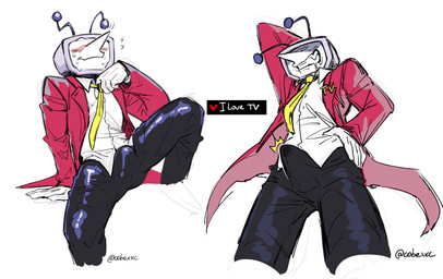 black_bottomwear black_clothing black_pants bottomwear clothed clothing electronics erection erection_under_clothing for_a_head hand_behind_head hand_on_hip male male_humanoid mouth_closed necktie not_furry open_clothing open_topwear pants pointy_nose red_clothing red_topwear screen screen_face solo television topwear white_clothing white_topwear yellow_body yellow_necktie cobu deltarune undertale_(series) tenna_(deltarune) humanoid monitor_head object_head object_humanoid screen_head tv_head hi_res signature