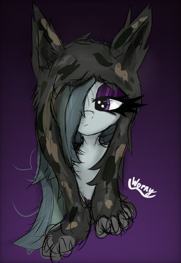 abstract_background brows camo camo_clothing camo_print clothing eyelashes eyeshadow female feral fur gradient_background green_hair green_mane grey_body grey_fur hair hat headgear headwear makeup mane messy_hair messy_mane multicolored_hair multicolored_mane pattern_clothing pawpads paws purple_background purple_eyeshadow simple_background solo text thick_eyelashes ushanka white_body worny friendship_is_magic hasbro my_little_pony mythology marble_pie_(mlp) earth_pony equid equine fimir horse mammal mythological_creature mythological_equine pony 2026 digital_drawing_(artwork) digital_media_(artwork) hi_res portrait signature