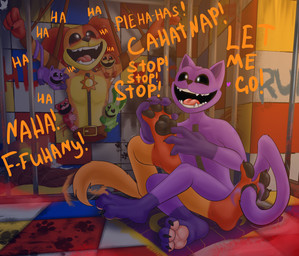 3_toes 4_fingers anthro belt black_nose black_pawpads black_sclera blush bodily_fluids claws crying_laughing dialogue fangs feet finger_claws fingers fur green_body green_fur group jewelry laugh male multicolored_body multicolored_fur open_mouth open_smile orange_body orange_fur pawpads paws pendant pink_pawpads purple_body purple_fur red_body red_fur restrained smile tail tail_motion tail_tickle talking_to_another tears teeth text tickle_fetish tickle_torture tickling tickling_armpits tickling_feet tickling_sides toe_claws toes white_eyes yellow_body yellow_fur misterfuchs mob_entertainment poppy_playtime smiling_critters bobby_bearhug catnap_(poppy_playtime) dogday_(poppy_playtime) hoppy_hopscotch bear canid canine canis domestic_cat domestic_dog felid feline felis lagomorph leporid mammal rabbit english_text hi_res