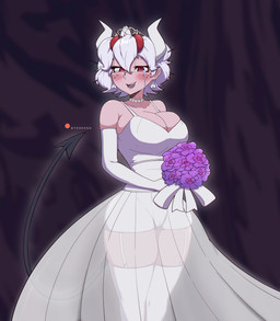 big_breasts biped bodily_fluids breasts clothed clothing crying female freckles hair legwear looking_at_viewer not_furry pupils red_eyes simple_background smile solo spade_tail tail tears thick_thighs thigh_highs three-quarter_view translucent translucent_clothing white_clothing white_hair tehhank helltaker beelzebub_(helltaker) demon demon_humanoid humanoid absurd_res hi_res