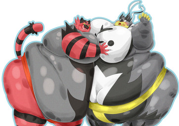 anthro asian_clothing belly big_belly big_moobs blush clothing duo east_asian_clothing fur green_eyes grey_body grey_fur huge_belly hyper hyper_belly japanese_clothing licking licking_lips love_handles male male/male mawashi mawashi_only moob_grab moobs morbidly_obese morbidly_obese_anthro morbidly_obese_male nipples obese obese_anthro obese_male open_mouth overweight overweight_anthro overweight_male pink_tongue red_body red_fur simple_background tongue tongue_out white_background yellow_sclera fatmimic nintendo pokemon generation_7_pokemon generation_8_pokemon incineroar legendary_pokemon pokemon_(species) single_strike_style_urshifu urshifu hi_res