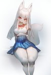 anthro bottomwear bow_ribbon clothed clothing facial_markings female fur hair head_markings kemono long_hair looking_at_viewer markings red_eyes simple_background sitting skirt smile solo tail white_background white_body white_fur white_hair white_tail utterangle tamamo-chan's_a_fox tamamo_fushimi canid canine fox fox_spirit mammal hi_res