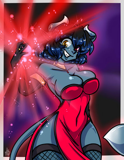 anthro breasts clothed clothing dress female fishnet_clothing fishnet_legwear gloves grey_body handwear heterochromia horn jewelry legwear long_ears long_tail red_clothing red_dress ring smile solo tail tight_clothing tight_dress xizana merah_(xizana) demon hi_res