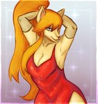 anthro armwear big_breasts breasts cleavage clothed clothing dress elbow_gloves female fishnet_armwear fishnet_clothing fishnet_elbow_gloves fishnet_gloves fishnet_handwear gloves hair handwear looking_at_viewer orange_hair ponytail red_clothing red_dress solo esquire3 undertale_(series) undertale_yellow ceroba_ketsukane canid canine fox mammal 2024 hi_res signature