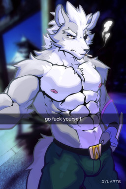 abs anthro bottomwear cigarette clothing countershading fur grey_body grey_fur hair male multicolored_body multicolored_fur muscular muscular_anthro muscular_male nipples pants pecs profanity serratus smile solo standing text two_tone_body two_tone_fur white_body white_fur white_hair dylarts nintendo star_fox wolf_o'donnell canid canine canis mammal wolf absurd_res english_text hi_res