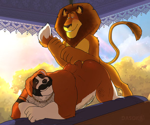 anthro arm_tattoo body_hair butt hairy_body looking_at_another male musclegut muscular muscular_male sex tail tail_grab tattoo dasoka dreamworks madagascar_(series) alex_(madagascar) diego_(daddy_diego) canid canine canis domestic_dog felid lion mammal molosser mountain_dog pantherine saint_bernard absurd_res hi_res