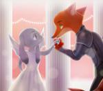 anthro armor clothed clothing dress duo fully_clothed fur green_eyes grey_body grey_fur looking_at_another orange_body orange_fur pink_nose purple_eyes weketa disney zootopia judy_hopps nick_wilde canid canine fox lagomorph leporid mammal rabbit red_fox true_fox hi_res