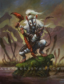 anthro armor cloud crouching female fur grass hair holding_melee_weapon holding_object holding_weapon melee_weapon pauldron plant ponytail red_eyes solo swamp tail water weapon white_body white_fur white_hair alex_horley hasbro magic:_the_gathering wizards_of_the_coast ink-eyes mammal nezumi_(magic:_the_gathering) rodent 2024 official_art