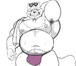 anthro armpit_hair belly blush bodily_fluids body_hair bulge clothing eyebrows grin heart_sunglasses male musclegut muscular navel nipples pecs smile solo speedo sweat swimwear thick_eyebrows towel mrookii lifewonders live_a_hero viscunam mammal procyonid raccoon hi_res line_art