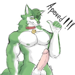 anthro balls biped collar erection eyewear fur genitals gesture glans glasses green_body hair hand_gesture humanoid_genitalia humanoid_penis looking_at_viewer male male_anthro muscular nipples nude penis simple_background solo tail text thumbs_up yellow_sclera kaisitou14 furro_verde_(kaisitou14) canid canine canis mammal wolf 1:1 digital_media_(artwork) hi_res translated