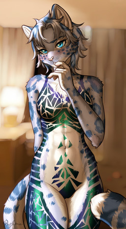 5_fingers abs anthro areola arm_behind barely_visible_areola biped blue_body blue_eyes blue_fur blue_hair blue_spots blue_tail blurred_background blush body_tape breasts camel_toe chest_tuft claws countershade_face countershade_fur countershade_torso countershading detailed_background female female_anthro fingerpads fingers front_view fur furniture furniture_lamp genital_outline genitals grey_body grey_fur grey_hair hair hand_to_mouth head_tilt inner_ear_fluff inside leopard_spots looking_at_viewer maebari markings navel nightstand nipple_outline nipple_tape nipples pasties pawpads solo spots spotted_body spotted_fur spotted_markings spotted_tail standing tail tail_markings tape tape_clothing tuft vulva vulva_outline white_body white_claws white_fur window_curtains pizhma microsoft the_elder_scrolls m'ria_(maks_hunt) felid khajiit mammal pantherine snow_leopard 2026 digital_drawing_(artwork) digital_media_(artwork) hi_res signature