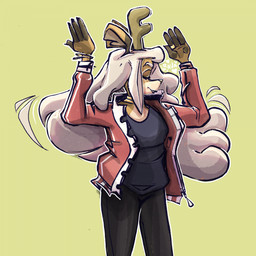 anthro blonde_hair bottomwear bracelet clothing eyes_closed female hair horn jacket jewelry long_hair pants ring simple_background solo topwear bbravaa phoebe_(bbravaa) deer mammal 1:1 colored hi_res