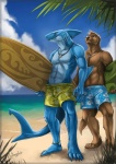 anklet anthro beach blue_eyes clothing cloud detailed_background duo jewelry male necklace outside palm_tree plant red_eyes sand seaside sky surfboard swimming_trunks swimwear tree vehicle water watercraft rotarr fish mammal marine mustelid otter shark 2013