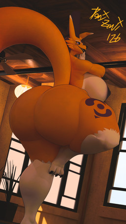 anthro big_breasts big_butt breasts butt curvy_figure digimorph female hands_together huge_butt looking_at_viewer looking_back mature_female nipples nude nude_anthro nude_female purple_body side_boob solo tail thick_thighs voluptuous voluptuous_anthro voluptuous_female yellow_body yoga domizoni raguda_(modeler) bandai_namco digimon digimon_(species) taomon 2026 3d_(artwork) 9:16 blender_(artwork) blender_cycles_(artwork) digital_media_(artwork) hi_res