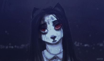 anthro black_hair black_nose clothed clothing female front_view glistening glistening_eyes hair long_hair red_eyes red_sclera simple_background solo text topwear white_body white_clothing white_topwear unknowhiter felid mammal 2015 artist_name bust_portrait portrait