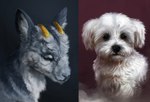 2_horns ambiguous_gender black_nose detailed_fur detailed_shading duo feral floppy_ears fluffy fur grey_body grey_fur horn inner_ear_fluff photorealism realistic realistic_anatomy realistic_lighting realistic_shading snout tuft white_body white_fur c1candy gold_dust_(ezpups) bovid canid canine canis caprine domestic_dog goat mammal detailed headshot_portrait portrait