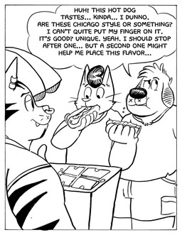 anthro clothing dialogue ear_piercing eating facial_piercing food group holding_food holding_object hot_dog male nose_piercing overweight piercing septum_piercing shirt t-shirt text topwear trio billy_fore beagle canid canine canis domestic_cat domestic_dog felid feline felis hunting_dog mammal pantherine scent_hound english_text hi_res monochrome