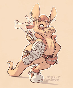 1990s_theme backwards_cap clothing ear_piercing ear_ring fanny_pack footwear piercing retro ring_piercing shoes sneakers solo animancer walkman kangaroo macropod mammal marsupial 2025 hi_res monochrome sepia