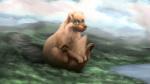 ambiguous_gender cloud day detailed_background feral fluffy forest fur hill macro mountain nature outside path paws plant sky solo tongue tree trench water yellow_eyes acru_jovian canid canine mammal 16:9 2016 digital_media_(artwork) hi_res watermark widescreen