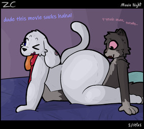 anthro bed big_butt butt butt_squish dialogue duo furniture male male/male plushie squish zerocloak chance_(zerocloak) animate_inanimate canid canine felid feline living_plushie mammal hi_res
