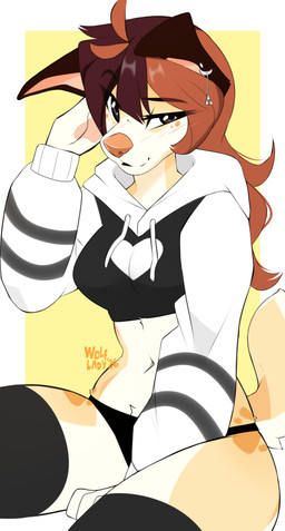 anthro biped blush breasts clothed clothed_anthro clothed_female clothing countershade_fur countershade_torso countershading ear_piercing female fingers front_view fur hair legwear looking_at_viewer panties piercing simple_background sitting smile solo tail tan_body tan_fur tan_tail thigh_highs underwear wolflady danika_(wolflady) canid canine canis domestic_dog mammal 2026 digital_drawing_(artwork) digital_media_(artwork)