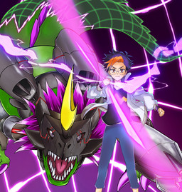 anthro cybernetics duo eyewear glasses glowing green_body hair machine male purple_hair sharp_teeth teeth 74m6dg bandai_namco digimon digimon_beatbreak tomoro_tenma cyborg digimon_(species) human mammal monarchlizamon scalie hi_res
