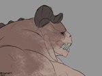 anthro big_muscles black_sclera brown_body fangs female horn huge_muscles muscular open_mouth orange_eyes pecs ridges scar scars_all_over sharp_teeth side_view simple_background solo spikes teeth thick_neck lowndrawthing fallout microsoft deathclaw monster scalie 2022 4:3 hi_res