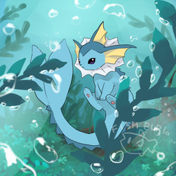 ambiguous_gender blue_body bubble feral kelp looking_at_viewer pawpads paws purple_eyes solo tail underwater water fishburi nintendo pokemon eeveelution generation_1_pokemon pokemon_(species) vaporeon 1:1 2026 absurd_res hi_res signature