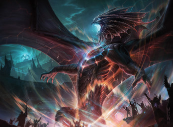 arms_in_the_air blue_eyes building cloud extreme_size_difference feral glowing glowing_eyes group holding_object holding_staff macro magic male membrane_(anatomy) membranous_wings open_mouth scales size_difference spread_wings staff standing wings raymond_swanland hasbro magic:_the_gathering mythology wizards_of_the_coast niv-mizzet dragon human mammal mythological_creature mythological_scalie scalie 2018 official_art