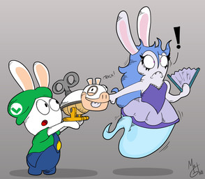 anthro bite black_eyes blue_body blue_clothing blue_overalls carrying_another closed_frown closed_smile clothed clothed_anthro clothed_female clothed_male clothing dress duo exclamation_point eyelashes fangs female frown fully_clothed fully_clothed_anthro fully_clothed_male fur green_clothing green_hat green_headwear green_shirt green_topwear hand_bite hat headgear headwear holding_fan legless long_ears machine male mitten_hands mouth_closed noseless open_mouth overalls paper_fan pink_inner_ear purple_clothing purple_dress purple_eyes red_tongue shirt short_legs sideways_hat simple_background smile standing straight_arms surprised tan_inner_ear teeth tongue topwear white_body white_fur worried_look yellow_legs mrgametv1994 mario_bros mario_plus_rabbids_kingdom_battle mario_plus_rabbids_sparks_of_hope nintendo raving_rabbids rayman_(series) ubisoft midnite_(mario_plus_rabbids) rabbid_luigi ghost hybrid koopa lagomorph mammal mechakoopa rabbid robot scalie spirit 2023 absurd_res colored crossover digital_drawing_(artwork) digital_media_(artwork) hi_res shaded signature