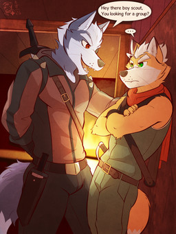 5_fingers anthro athletic athletic_anthro athletic_male black_nose bottomwear clothing dialogue duo eyebrows fingerless_gloves fingers fur gloves green_eyes grey_body grey_fur hair handwear humanoid_hands kerchief knife male melee_weapon multicolored_body multicolored_fur orange_body orange_fur pants shirt speech_bubble sword tail tank_top teeth text tongue topwear two_tone_body two_tone_fur weapon whiskers white_body white_fur white_hair ventkazemaru nintendo star_fox fox_mccloud wolf_o'donnell canid canine canis fox mammal wolf 2026 english_text hi_res