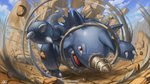 ambiguous_gender claws cloud day dirt feral horn open_mouth rock semi-anthro solo supearibu nintendo pokemon generation_1_pokemon pokemon_(species) rhydon 16:9 2020 hi_res widescreen