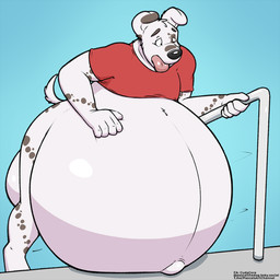 anthro balls belly belly_inflation big_balls big_belly bottomless clothed clothing genitals huge_belly inflation male navel outie_navel pregnant pregnant_male swimming_pool pascal_(artist) pascal_(cudacore) canid canine canis dalmatian domestic_dog mammal 1:1 hi_res