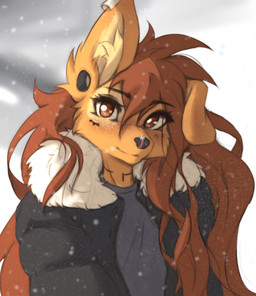 anthro bridge_piercing brown_eyes brown_hair cheek_piercing clothing ear_piercing ear_ring facial_piercing female flesh_tunnel fur gauged_ear hair inner_ear_fluff jacket long_hair looking_at_viewer nose_piercing one_ear_up piercing ring_piercing shirt snow solo tan_body tan_fur topwear tuft winter tinygaypirate apogee_(tinygaypirate) canid canine canis domestic_dog mammal spitz 2024 hi_res