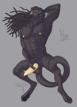 abs anthro balls black_body black_fur black_hair bodily_fluids dreadlocks ear_piercing erection fur gauged_ear genital_fluids genitals hair hand_behind_head male melanistic muscular muscular_anthro muscular_male nude pawpads paws penile_spines penis piercing precum solo spots whiskers concoction_(artist) felid jaguar mammal pantherine hi_res