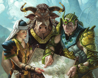 accessory anthro armor beard beard_ring breasts clothing dreadlocks ear_piercing facial_hair female forest furgonomics green_hair group hair hat headgear headwear horn horn_accessory looking_down male map muscular muscular_male outside pauldron piercing plant tree mark_zug hasbro magic:_the_gathering wizards_of_the_coast bovid bovine elf human humanoid mammal official_art