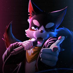 anthro black_body black_clothing black_fur black_nose black_topwear blue_eyes clothed clothing electronics fangs fur glistening glistening_eyes glistening_nose kerchief looking_at_viewer male microphone neckerchief neckwear one_eye_closed open_mouth orange_kerchief orange_neckerchief pink_tongue simple_background solo teeth tongue topwear unsigned white_body white_fur papayafurry canid canine canis domestic_dog mammal 1:1 half-length_portrait hi_res portrait