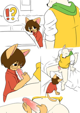 age_difference anthro anthro_on_anthro anthro_penetrated anthro_penetrating anthro_penetrating_anthro balls barefoot bed biped bodily_fluids bottomless close-up clothed clothing cute_fangs dominant duo erection eyewear fangs feet fellatio furniture genital_fluids genitals glasses handjob hoodie humanoid_genitalia humanoid_penis interrobang interspecies kemono kotatsu larger_dom larger_male male male/male male_penetrated male_penetrating male_penetrating_male navel older_male open_mouth oral oral_penetration penetration penile penis precum rear_view sex shirt side_view sitting size_difference smaller_male smaller_penetrated stare surprised table teeth tongue tongue_out topwear young young_anthro young_male younger_male younger_penetrated manmosu_marimo shota_feline_(marimo) white_canine_(marimo) canid canine canis domestic_cat domestic_dog felid feline felis mammal comic digital_media_(artwork) source_request