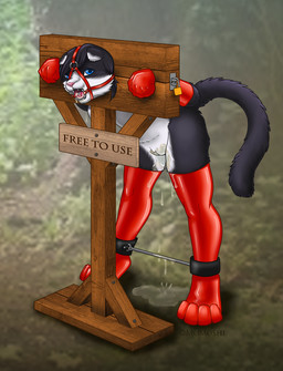 4_toes 5_fingers ankle_cuffs anthro bangs bdsm bent_over biped black_body black_fur black_hair blue_eyes bodily_fluids bondage bound clothing cuff_(restraint) digitigrade dipstick_ears dripping drooling ear_markings eyebrows facial_markings fangs feet female fingers fur gag gagged genital_fluids genitals gloves hair handwear head_markings latex latex_clothing latex_gloves latex_handwear latex_legwear latex_stockings leather leather_cuffs legwear lock markings mask_(marking) multicolored_body multicolored_ears multicolored_fur open_mouth_gag outside padlock pink_nose public_use raised_tail restraints ring_gag saliva shadow sign solo spreader_bar standing stockings stocks submissive submissive_anthro submissive_female tail teeth text toes tongue tongue_out two_tone_body two_tone_fur vaginal_fluid_drip vaginal_fluids vaginal_fluids_on_leg vaginal_fluids_puddle vulva white_body white_fur m0m0shi foxing_demon_(character) domestic_cat felid feline felis mammal 2013 digital_media_(artwork) shaded signature