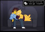 absurd_res alphys anthro big_breasts big_butt blush bottomless breasts buckteeth butt clothed clothing duo english_text eyewear female frisk_(undertale) glasses hi_res human human_on_anthro interspecies male male/female mammal non-mammal_breasts simple_background sylverow0 tail teeth text thick_tail thick_thighs undertale undertale_(series)
