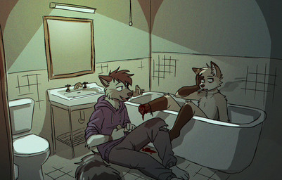 amputated_leg amputation amputee anthro bandage bathroom bathtub blood bodily_fluids bottomwear casual_amputation cigarette cigarette_in_mouth cigarette_smoke clothed clothing disability diy_amputation duo gore grey_bottomwear grey_clothing grey_pants holding_head holding_object hoodie male male/male mirror missing_foot missing_limb nude nude_anthro nude_male object_in_mouth pants purple_clothing purple_hoodie purple_topwear resting_legs sink sitting sitting_in_bathtub sitting_on_ground smoke smoking smoking_cigarette tail toilet topwear torn_bottomwear torn_clothing torn_pants spudnikmutt trigger_tone_(spudnikmutt) canid canine felid feline mammal hi_res