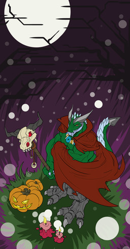 anthro bone candle cape clothing costume holidays horn jack-o'-lantern jewelry male mechanical_leg muscular muscular_male necklace night outside skull solo staff tail trencalos halloween grockle dinosaur kaiju ornithischian prehistoric_species reptile scalie stegosaurian thyreophoran absurd_res hi_res