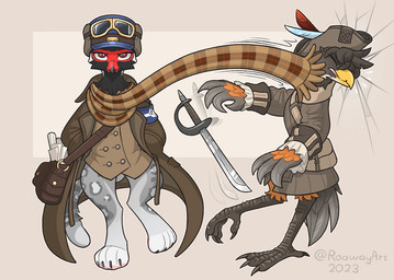 ambiguous_gender anthro bag claws clothing duo hat headgear headwear looking_at_viewer melee_weapon pawpads scarf sword weapon roawayart mythology avian felid gryphon hybrid mammal mythological_avian mythological_creature pantherine snow_leopard