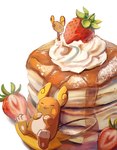 ambiguous_gender anthro dairy_products eyes_closed food fruit happy maple_syrup open_mouth orange_body pancake pawpads paws plant simple_background sitting solo strawberry whipped_cream chufflepop nintendo pokemon alolan_form alolan_raichu generation_7_pokemon pokemon_(species) regional_form_(pokemon) 2025 hi_res