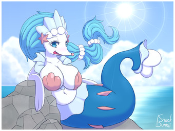 big_breasts blue_eyes border bra breasts busty_feral clothing female feral looking_at_viewer mermaid_tail navel open_mouth open_smile outside rock seashell_bra sky smile solo sun underwear water white_border snackbunnii nintendo pokemon aquatic generation_7_pokemon mammal pinniped pokemon_(species) primarina 2020 absurd_res digital_media_(artwork) hi_res signature