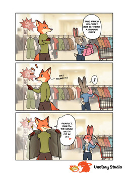 anthro black_ears black_nose blush blush_lines brown_ears clothed clothing clothing_store countershading dialogue dipstick_ears ear_markings eyelashes female female_anthro fur green_eyes grey_body grey_ears grey_fur male male_anthro multicolored_body multicolored_ears multicolored_fur orange_body orange_ears orange_fur pink_inner_ear pink_nose pupils purple_eyes shopping_cart store tan_body tan_countershading tan_fur tan_inner_ear text two_tone_ears white_body white_countershading white_fur unoday_studio disney zootopia judy_hopps nick_wilde canid canine european_rabbit fox lagomorph leporid mammal oryctolagus rabbit red_fox true_fox comic english_text hi_res